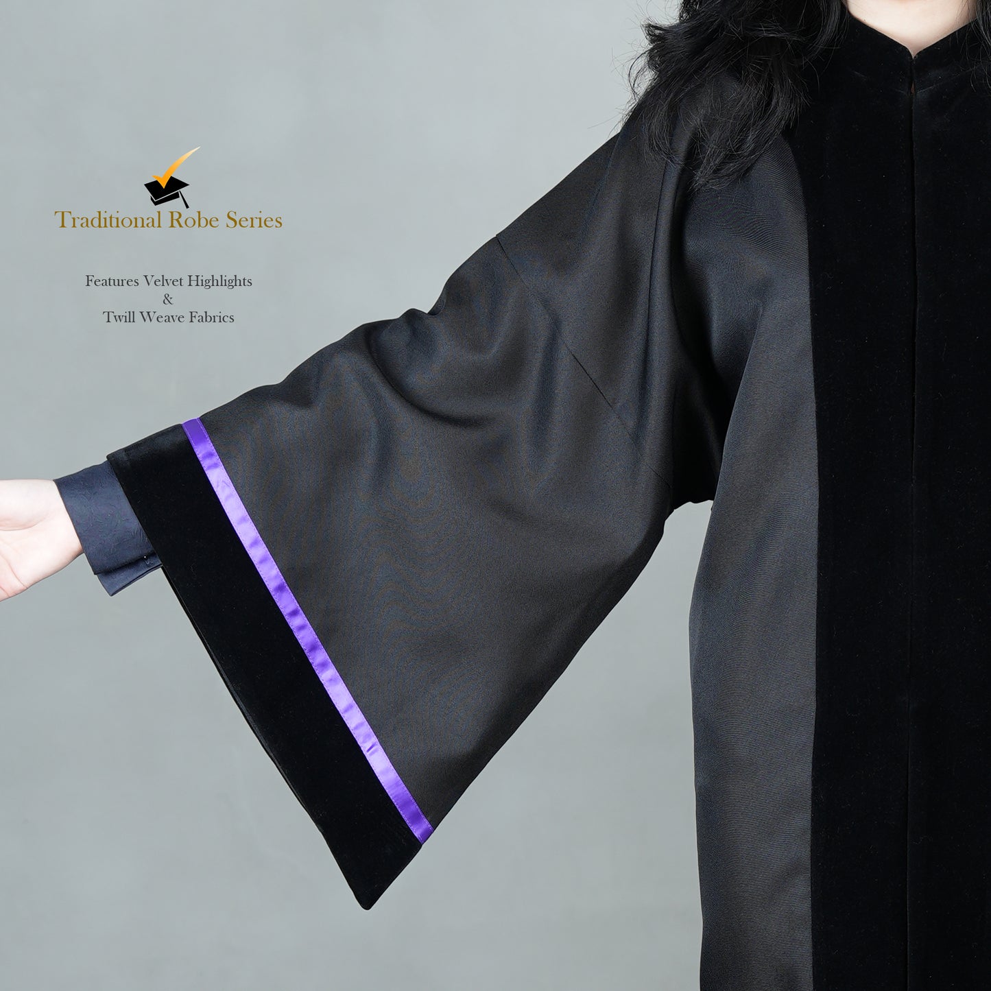 A detailed view of the Bachelor Gown set with Velvet highlights on the arm.