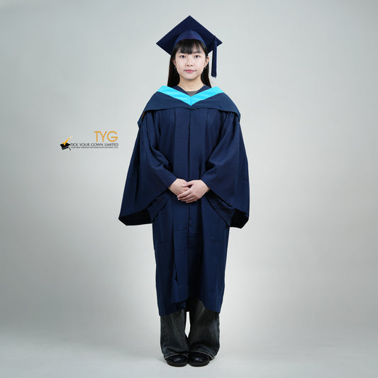 A person wearing a navy blue bachelor graduation gown with a light blue satin hood.