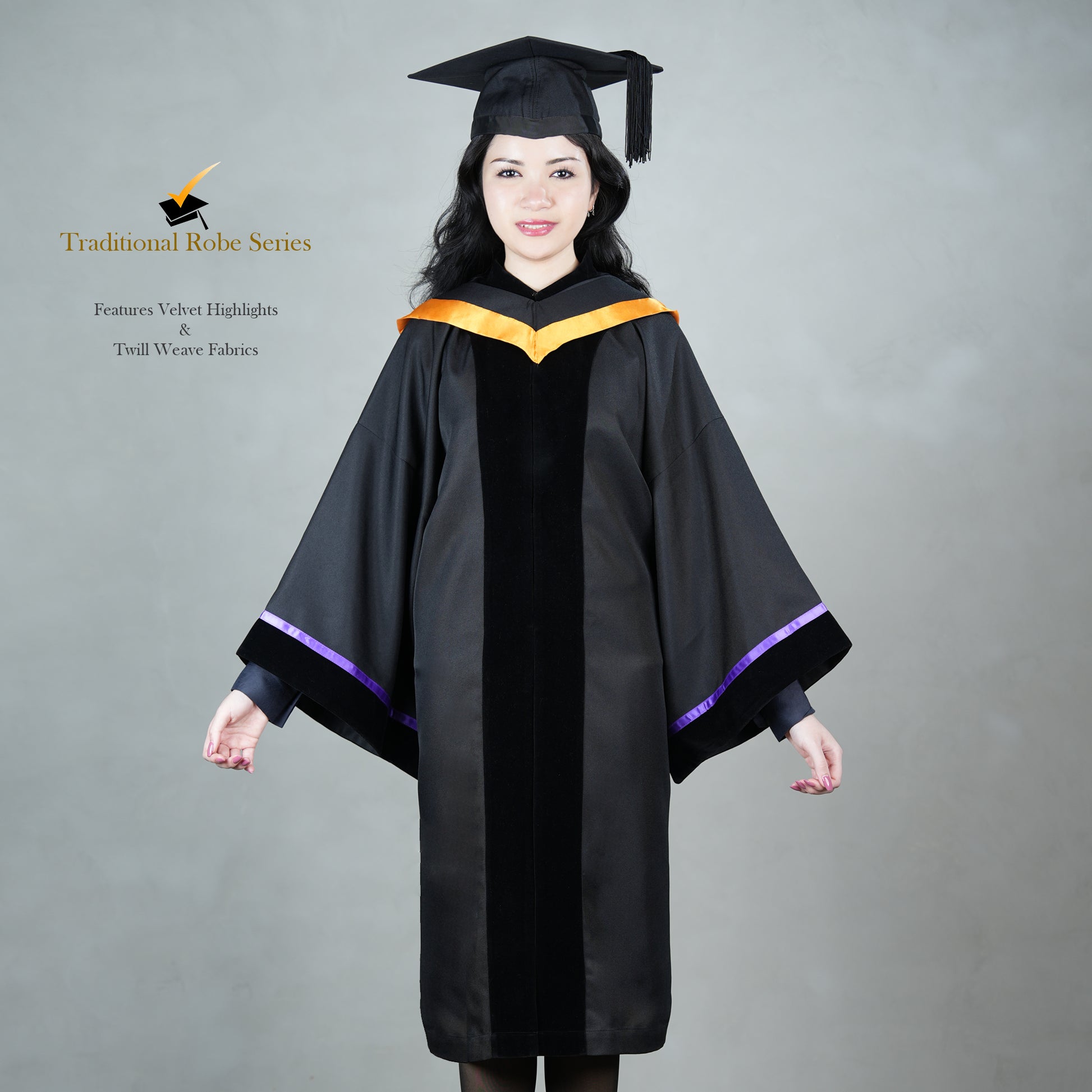 A person wearing a black bachelor graduation gown with velvet highlights and a mortarboard set.
