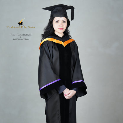 A person wearing a black bachelor graduation gown with velvet highlights, snap-on hood design, and a mortarboard set, posed elegantly.