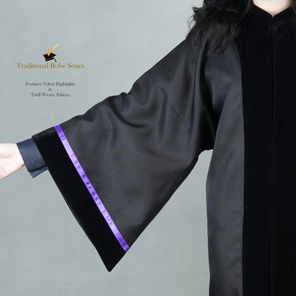 A detailed view of the Bachelor Gown set with Velvet highlights on the arm.
