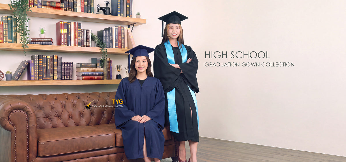 Two graduates pose in high school graduation attire next to a brown leather couch and shelves filled with books. The student on the left sits wearing a navy blue graduation gown and mortarboard cap. The student on the right stands with crossed arms in a black graduation gown, bright blue stole, and mortarboard cap. Text on the right reads "HIGH SCHOOL GRADUATION GOWN COLLECTION" alongside the logo for "TYG - TICK YOUR GOWN LIMITED".