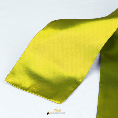 Detailed view of a yellow graduation sash fabric on a white background.