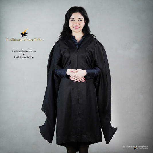 Front view of a person wearing a black masters graduation gown hook style