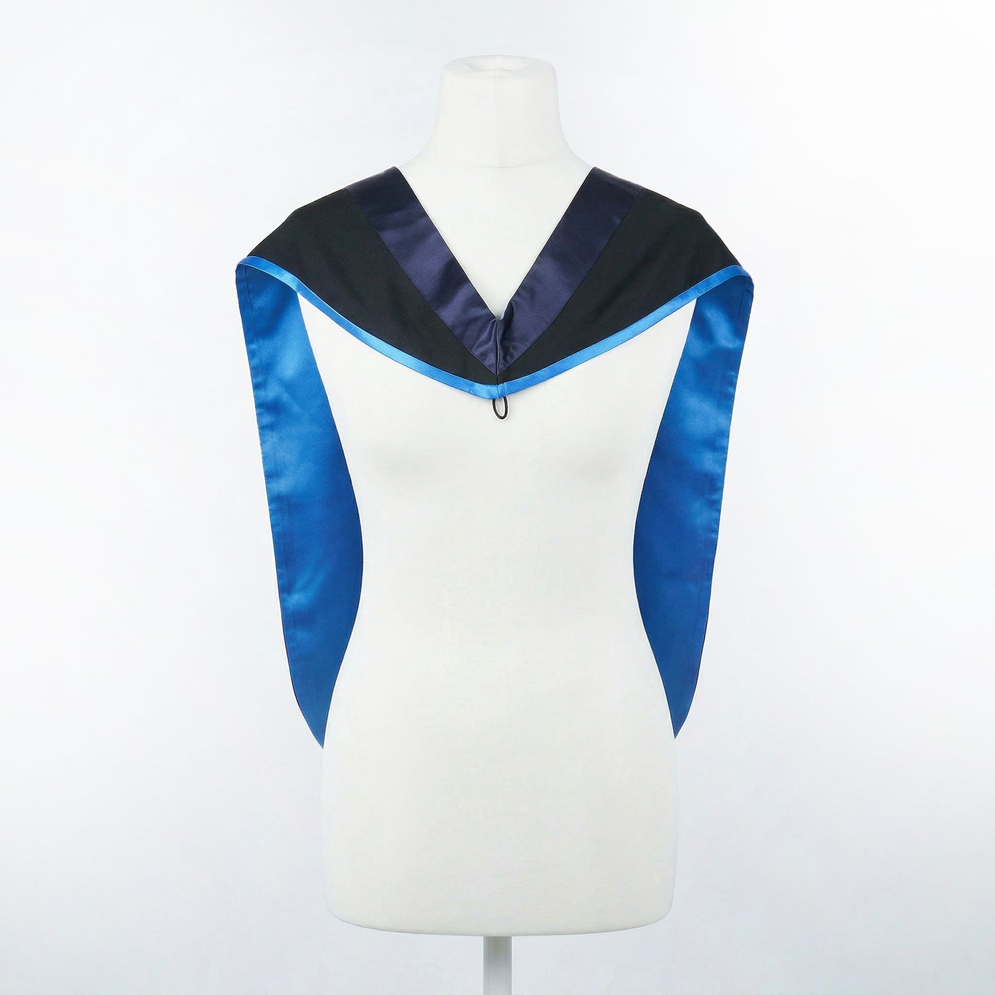 Master's graduation hood displayed on a mannequin showing full shape with black body, dark navy blue hood, and skyblue satin lining.