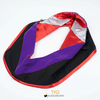 A master's graduation hood featuring black fabric with purple velvet hood and red satin lining.