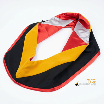 A master's graduation hood featuring black fabric with yellow velvet hood and red satin lining.