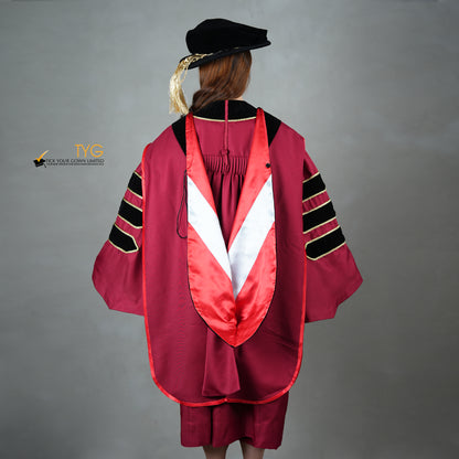 A back view of a person wearing a doctoral graduation gown in maroon with black velvet panels, matching black velvet sleeve bars, gold trim, and a black doctoral bonnet with gold tassel.