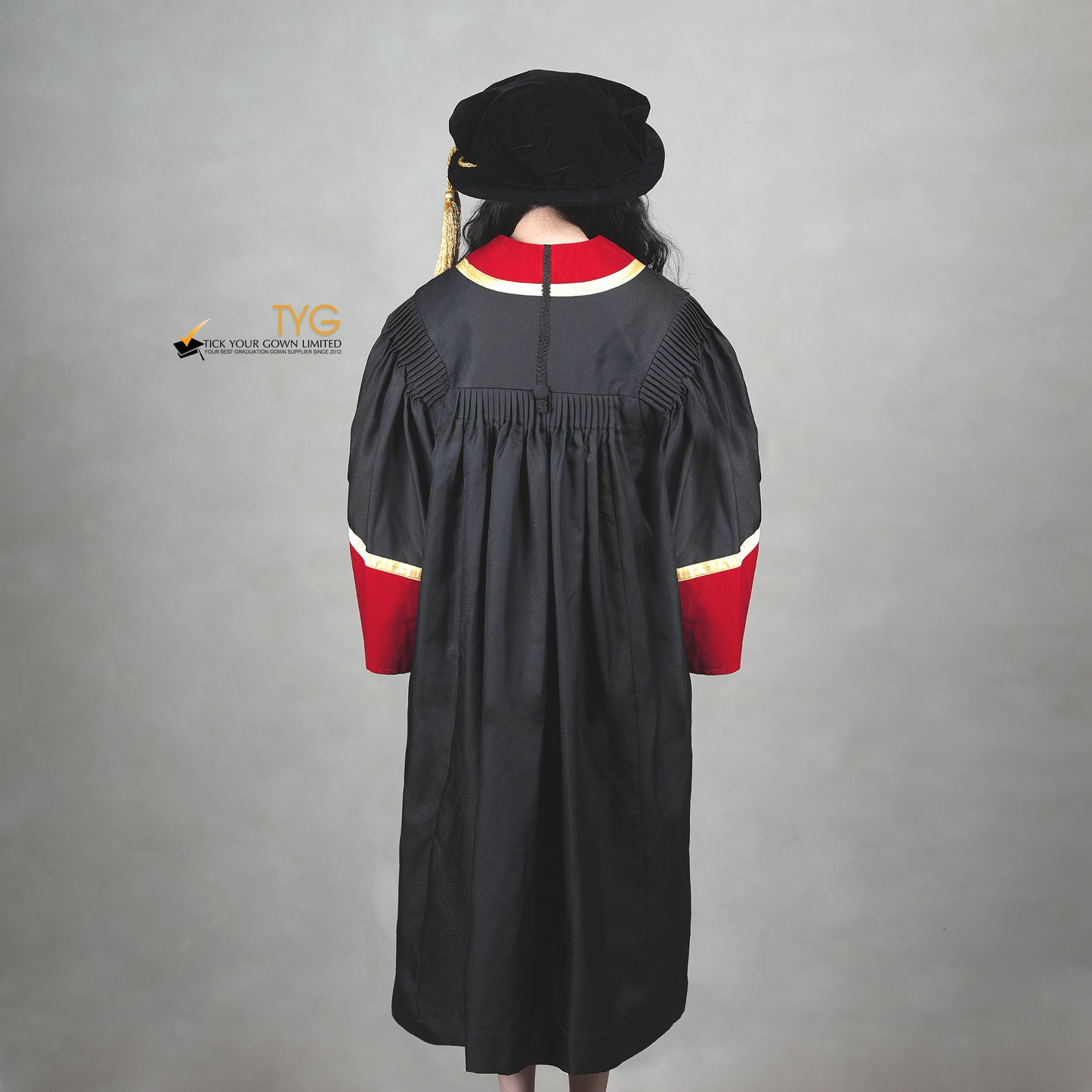 Back view of a honorary gown in black with red velvet collar detail, gold trim, pleated back panels, and matching red velvet sleeve cuffs