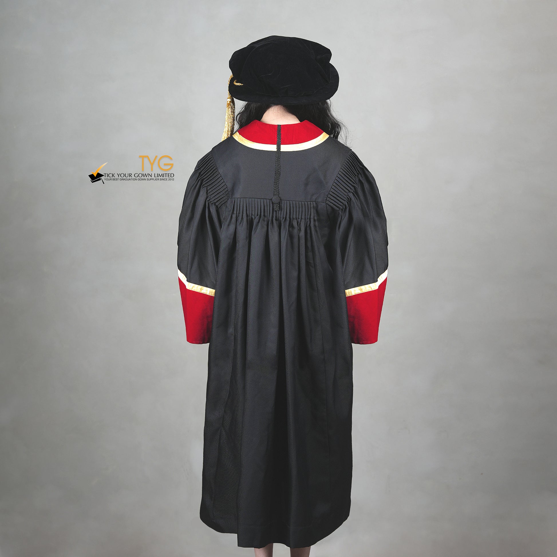 Back view of a honorary gown in black with red velvet collar detail, gold trim, pleated back panels, and matching red velvet sleeve cuffs