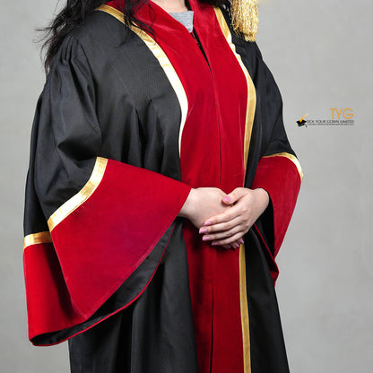 Detailed front view of an honorary gown in black with red velvet panels, gold trim, and red velvet sleeve cuffs