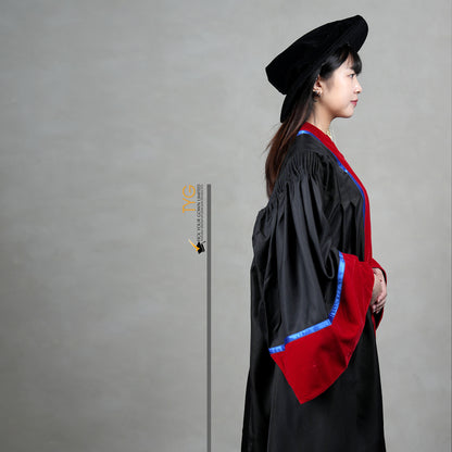 A detailed side view of a person wearing a premium honorary graduation gown in black with red velvet panels, royal blue trim, red velvet sleeve cuffs, and a matching doctoral bonnet with gold tassel.