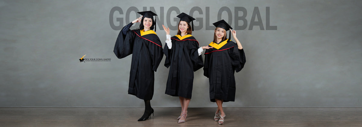Three graduates in caps and gowns with 'Going Global' text on a gray background