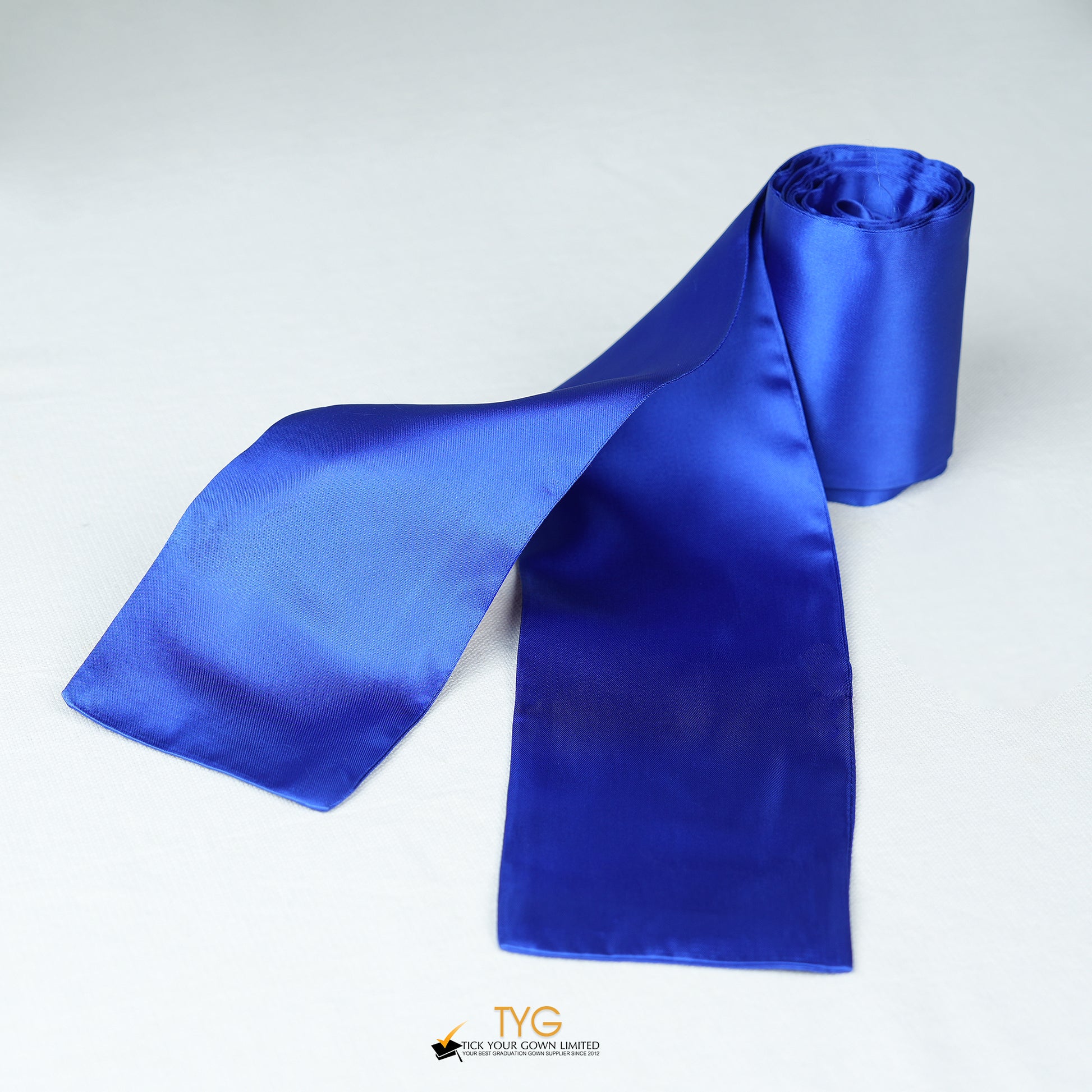 Blue satin rolled stole on a white background.